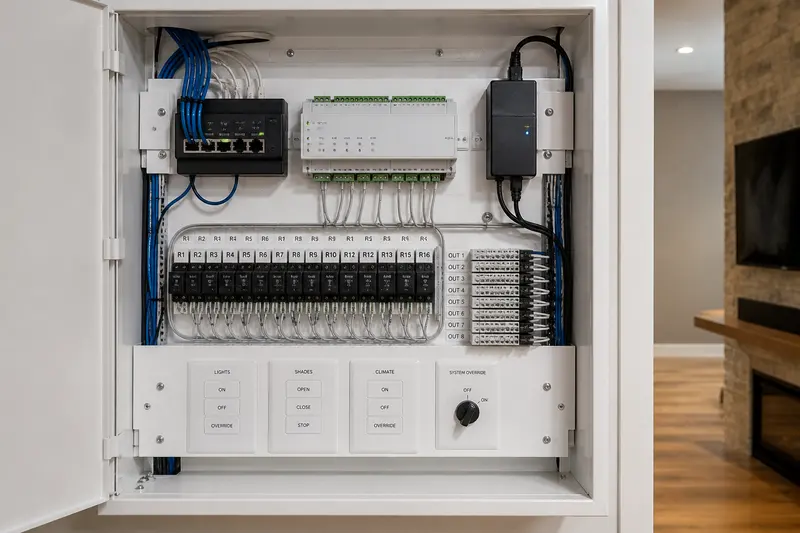 Serviceable home automation cabinet with controller, relays, network and manual overrides