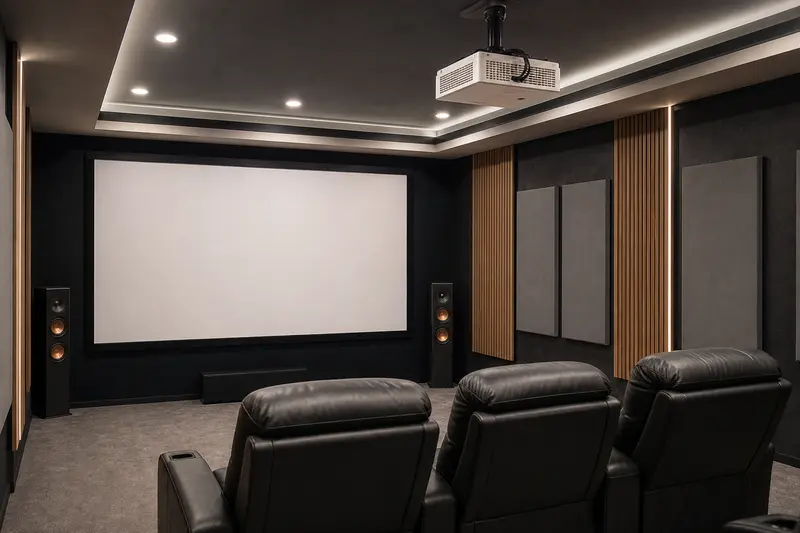 Ceiling projector aligns with a blank screen in an acoustically treated Indian home cinema.