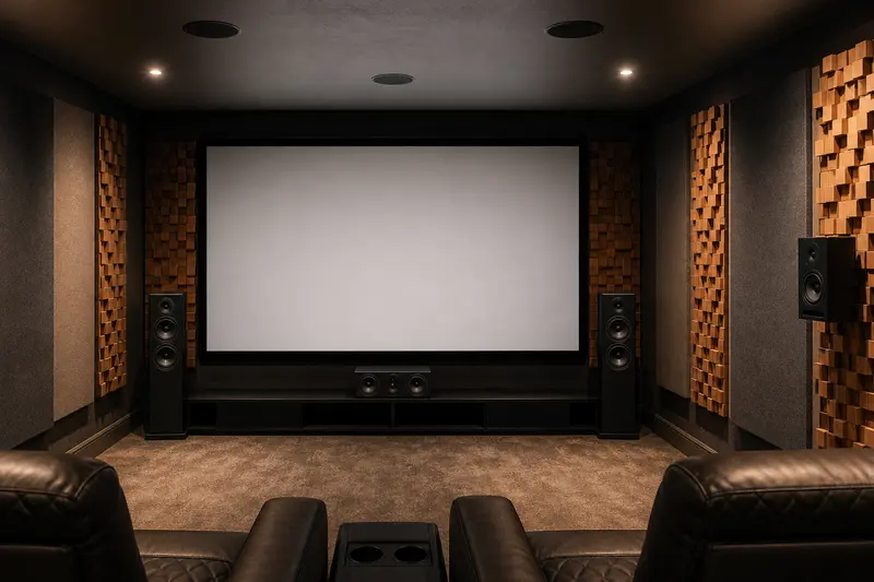 Cinema front wall combines matching speakers, absorptive panels and wooden diffusion.