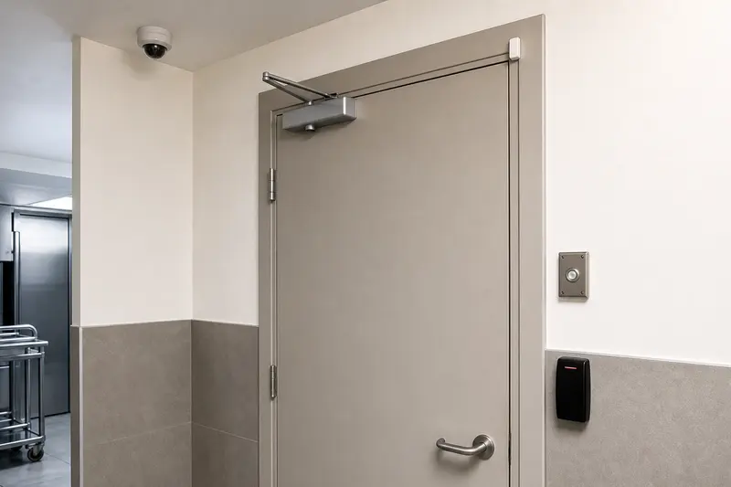 Back-of-house hotel door showing reader, free-egress hardware, contact and camera.