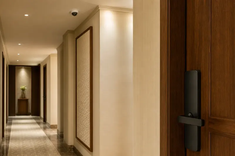 Guest corridor with blank electronic lever lock and discreet CCTV.