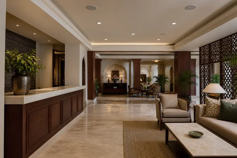 Hotel lobby with evenly distributed ceiling speakers and soft finishes.