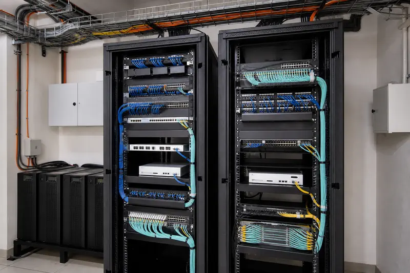 Two hotel network racks with separated patch zones, uplinks, gateways and containment.