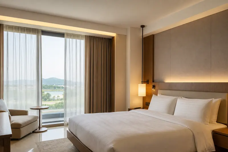 Contemporary guest room with motorized curtains and tactile bedside control.