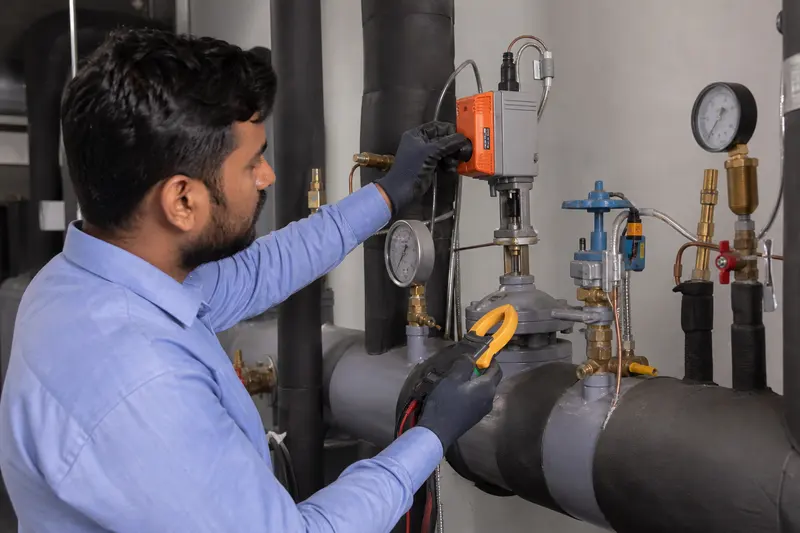 Technician inspects an actuated chilled-water control valve and associated sensors.