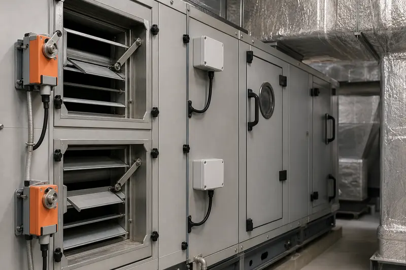 Air-handler section exposes dampers, actuators and sensors used for automated ventilation.