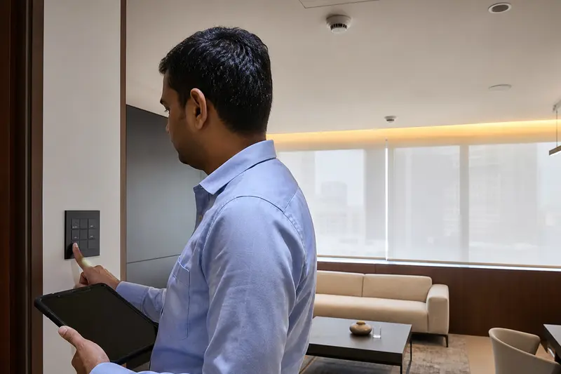 Commissioning engineer tests coordinated KNX lighting, sensing and shading.