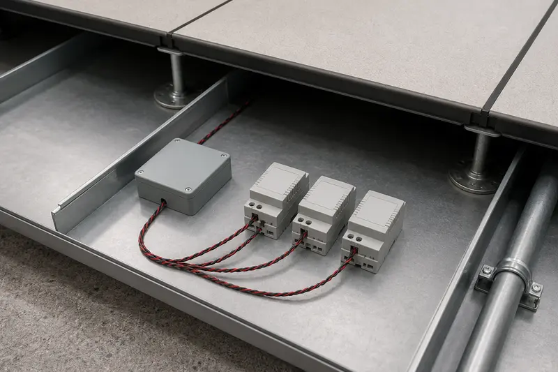 Thin red-black KNX bus cable follows a separated low-voltage route below a raised floor.