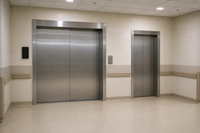 Hospital bed-lift lobby with access reader and separate call controls.