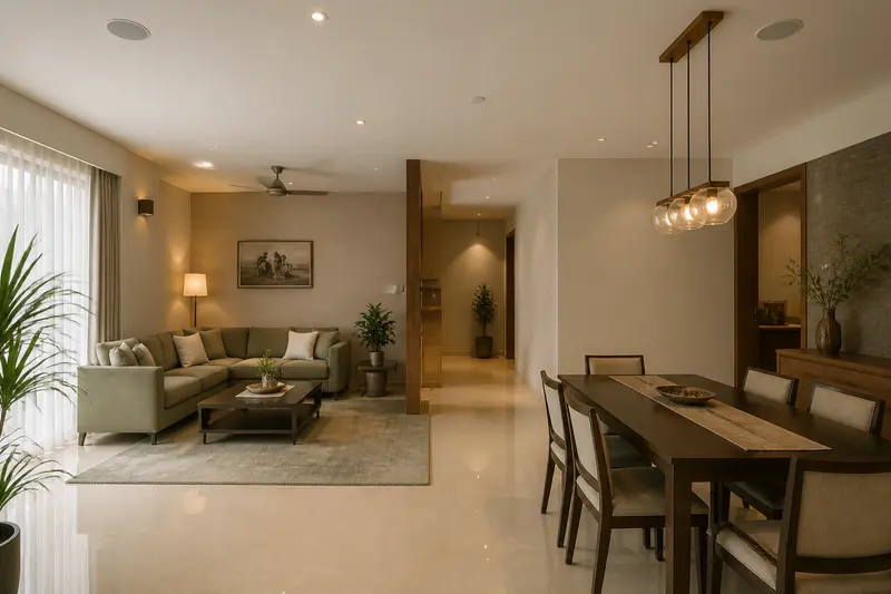Discreet ceiling speakers cover connected living and dining zones in an Indian residence.