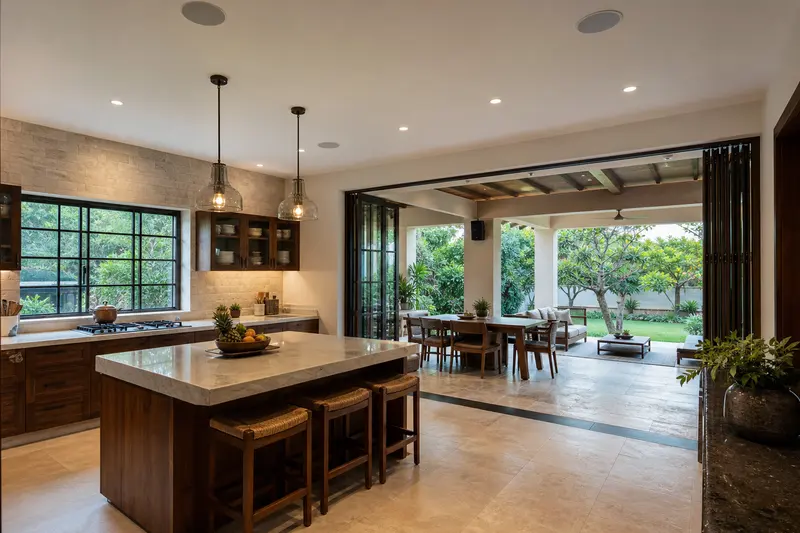 Separate kitchen ceiling and covered-patio speakers establish adjacent audio zones.