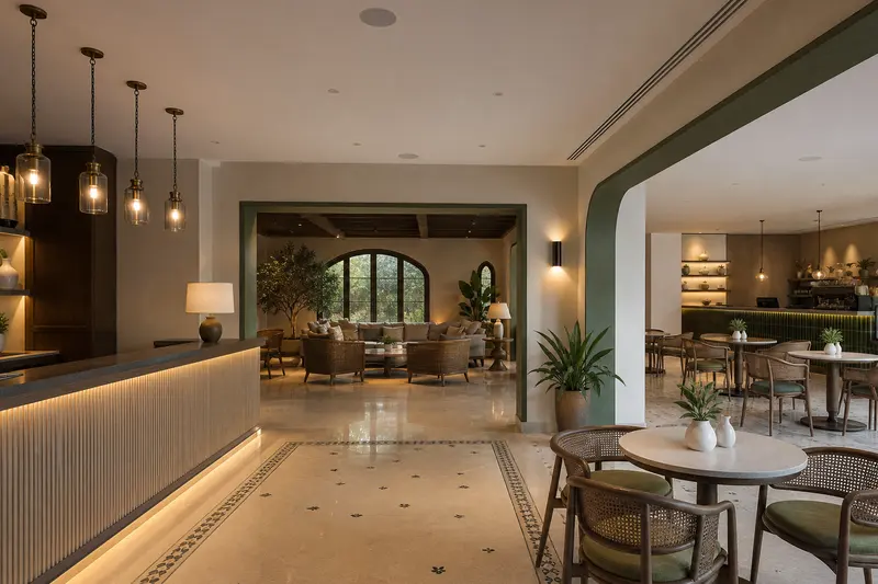 Boutique hotel lobby, lounge and cafe each receive discreet background-music coverage.