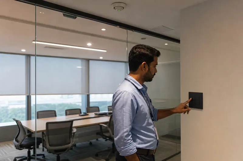 Facilities engineer tests a blank office automation keypad beside a glass meeting room.
