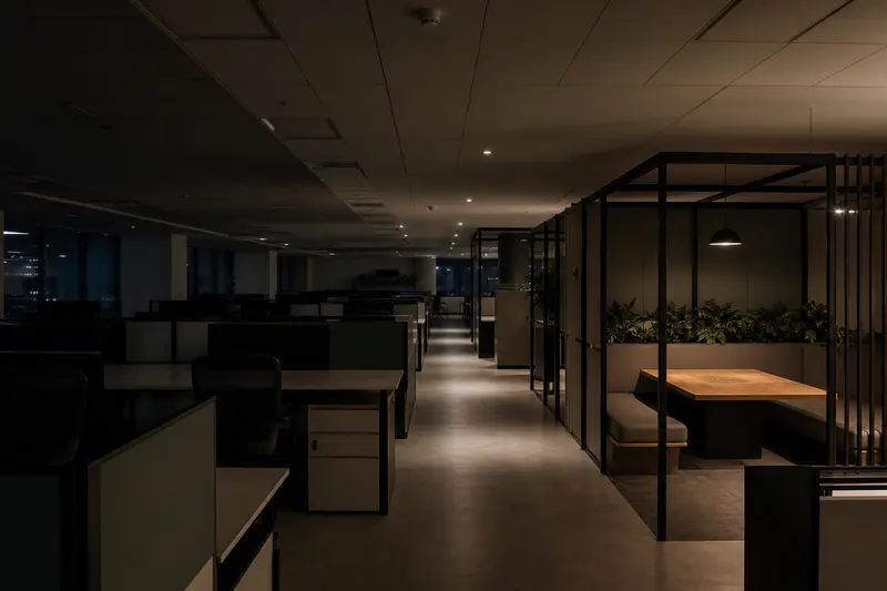 After-hours office demonstrates occupancy-based lighting zones and safe circulation lighting.
