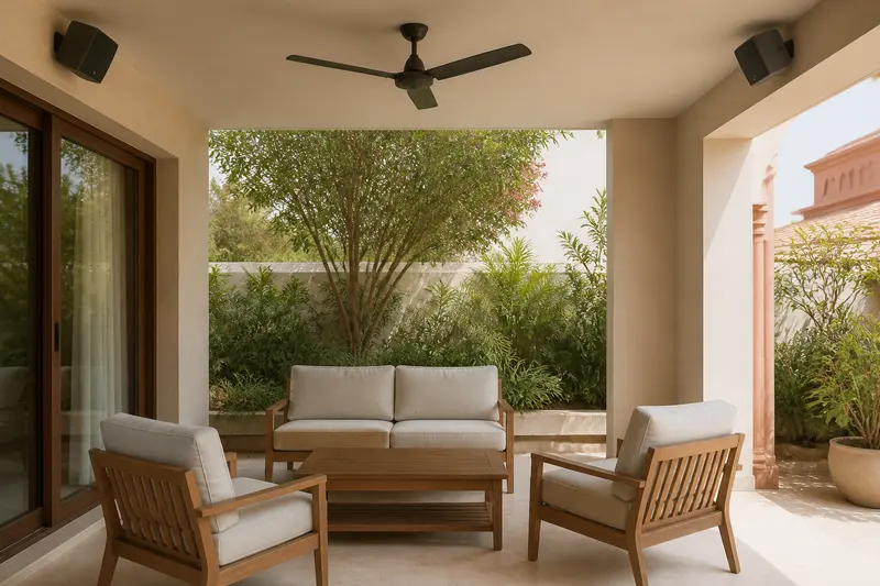 Inward-zoned terrace audio under protected eaves.
