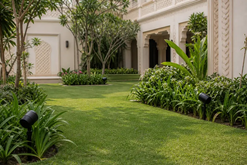Distributed garden speakers aimed across a central lawn.