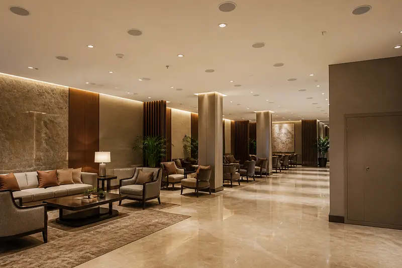 Distributed hotel-lounge ceiling audio.