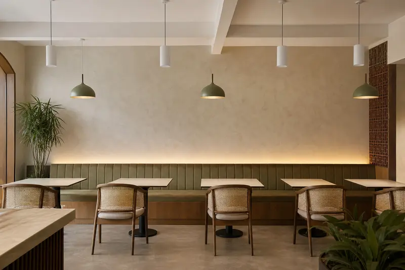 Downward pendant audio for café table zones.