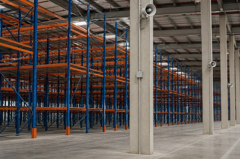 Column-mounted warehouse paging horns.