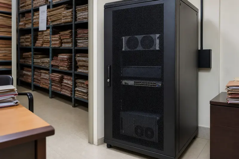 Locked local-compute rack positioned beside a legal paper archive.