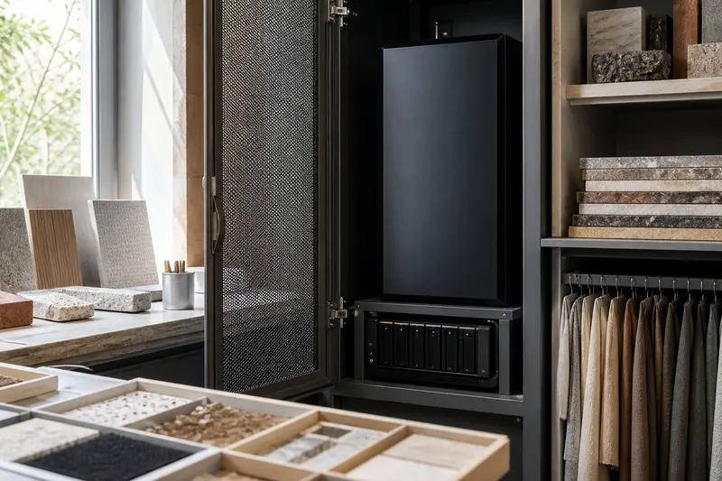 Local AI workstation and storage among architecture material samples.