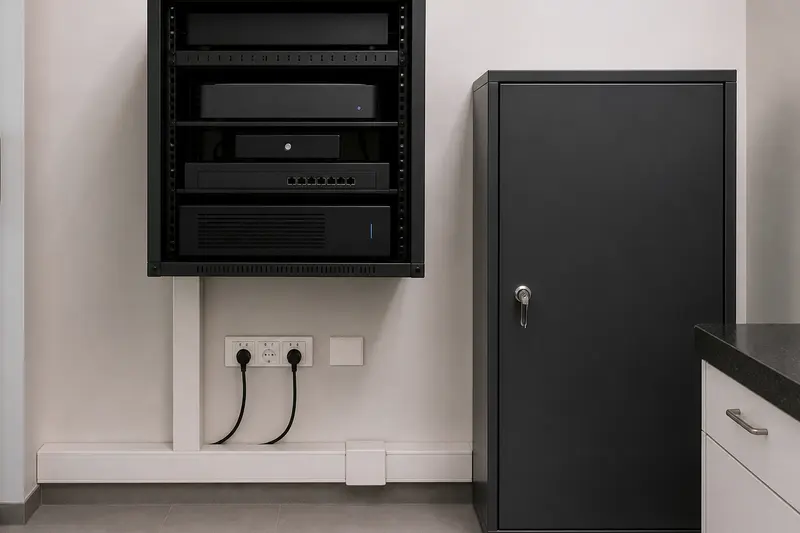 Clinic local server with separate backup-media storage.