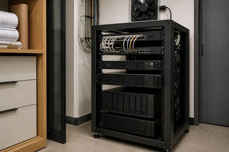 Architecture studio rack combining servers, storage, switching, UPS and room extraction.