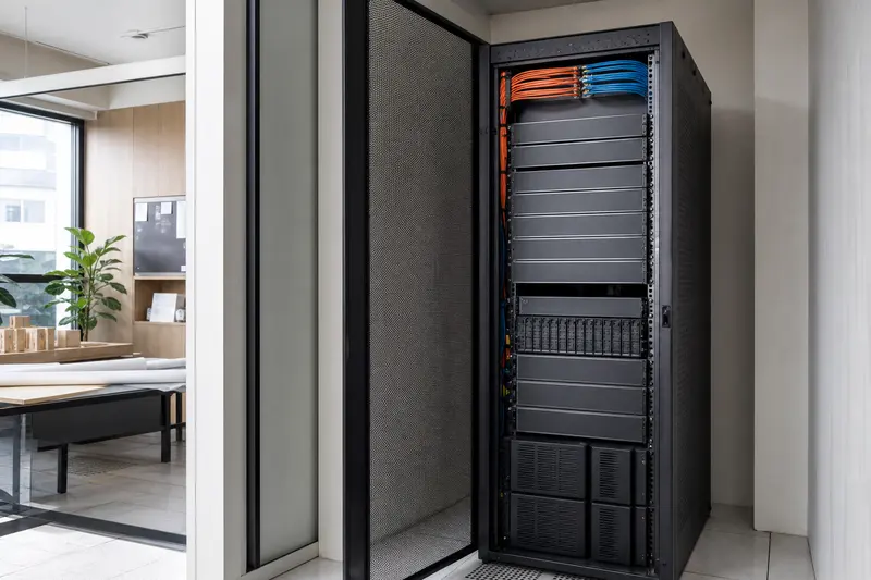 Architecture studio server and NAS rack in a ventilated alcove.