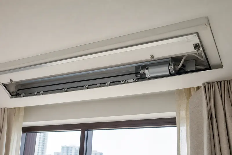 Open curtain service pocket exposes the motor, belt and carrier mechanism.