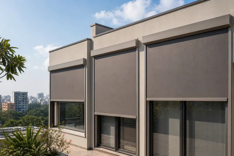 Exterior zip screens reduce solar gain across a contemporary Indian facade.