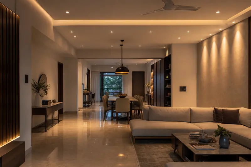 Layered cove, downlight, pendant and wall-wash lighting in a contemporary home.