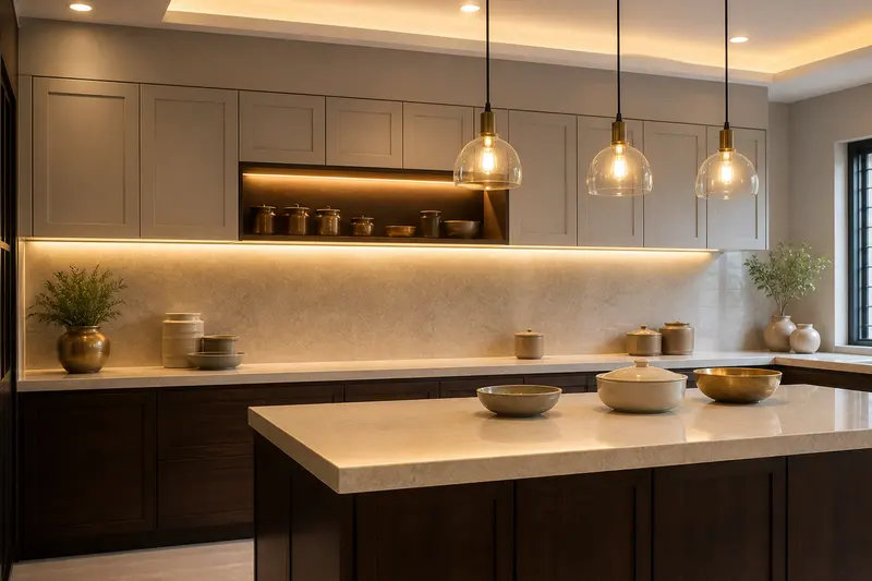 Indian kitchen demonstrates layered task, ambient and accent lighting without branded appliances.
