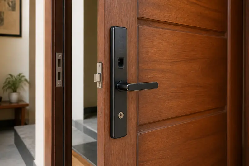 Apartment mortise smart lock with visible latch, strike and key override.