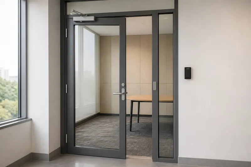 Framed-glass meeting-room electronic lock with explicit strike alignment.