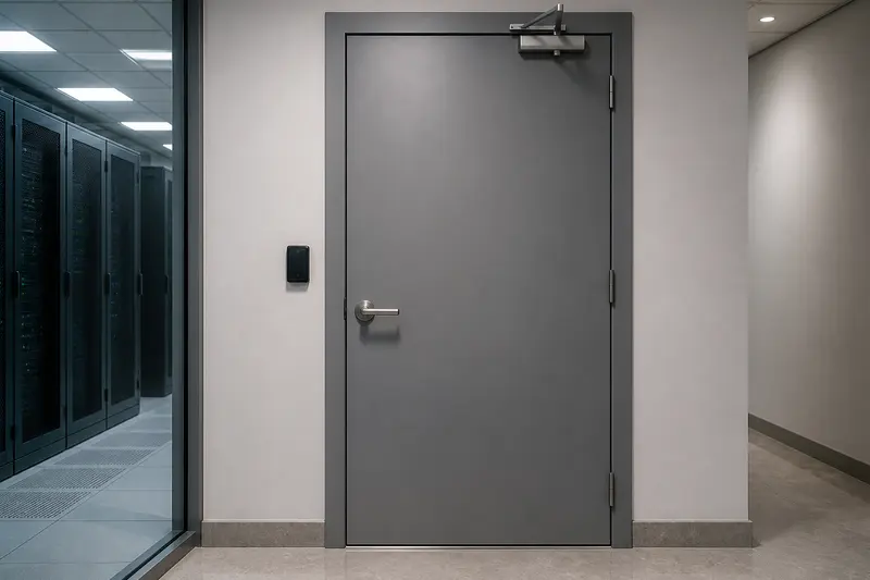 Server-room door with concealed electronic mortise and latch-side reader.
