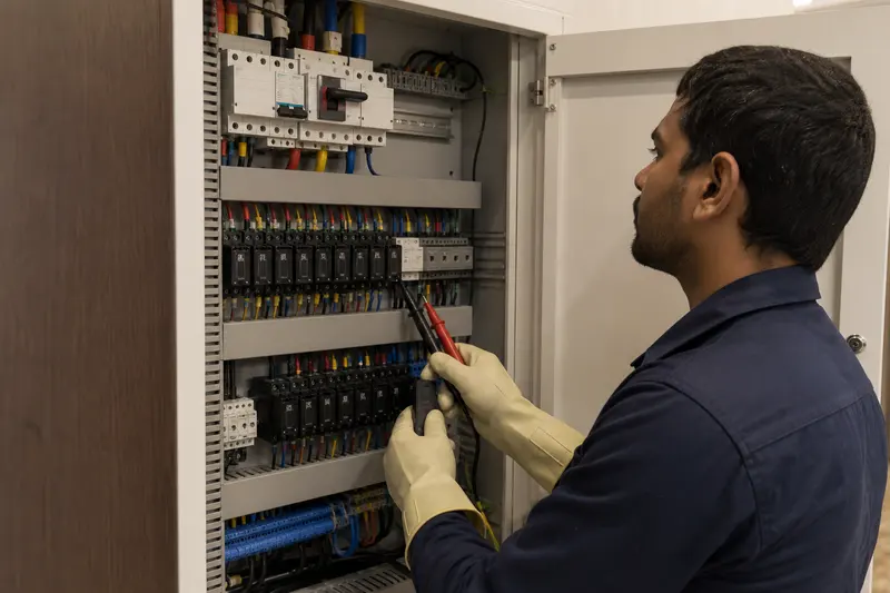 Electrician verifies a protected central relay panel under isolation.