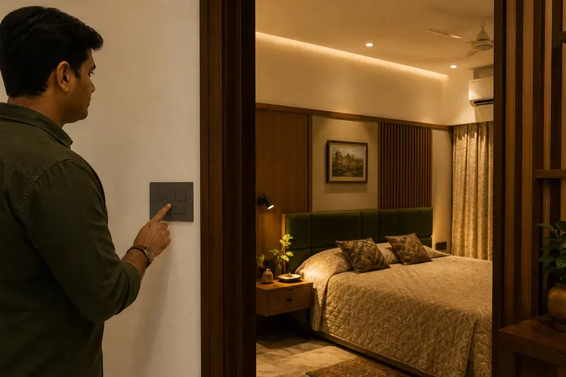 A tactile wall keypad provides manual control of several bedroom lighting circuits.