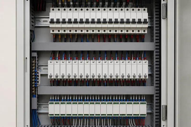 Residential central switching cabinet organizes protected relay modules and field wiring.