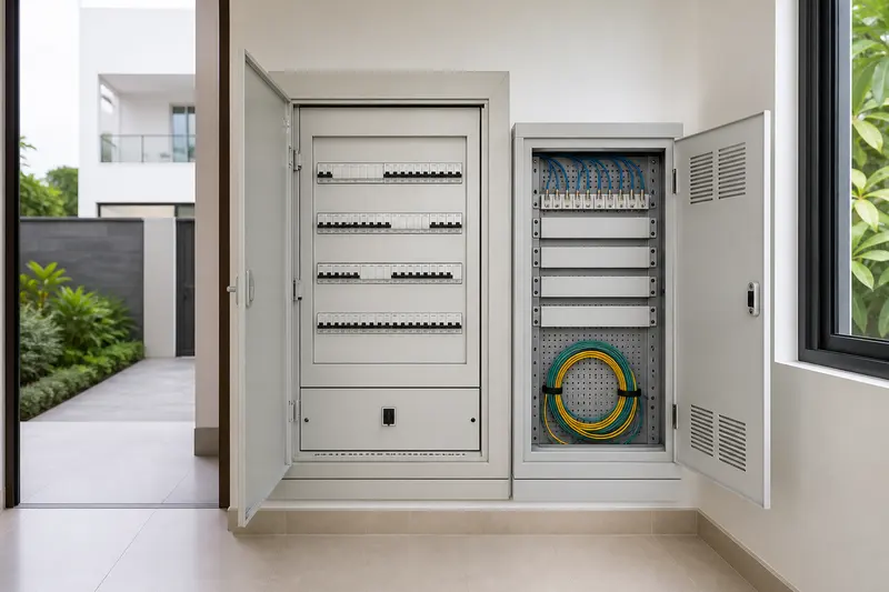 Separate electrical and low-voltage enclosures with blank patch terminations and reserved fibre loop.