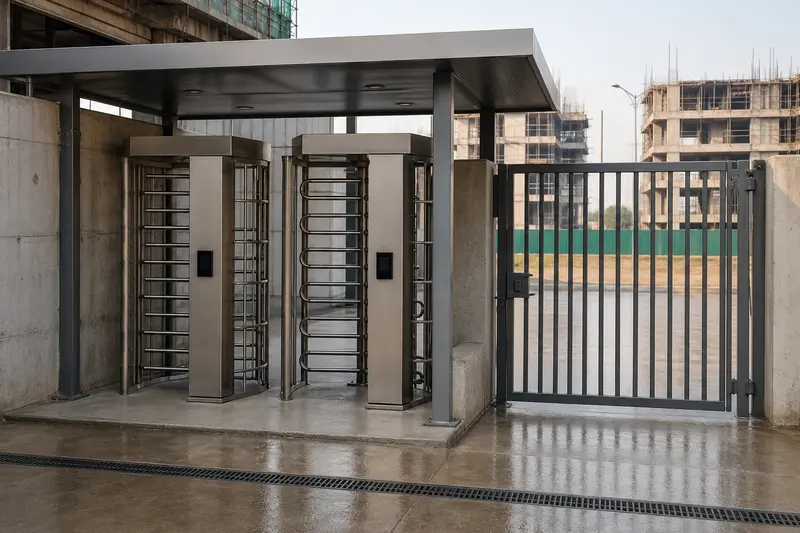 Construction entrance with full-height turnstiles and accessible gate.