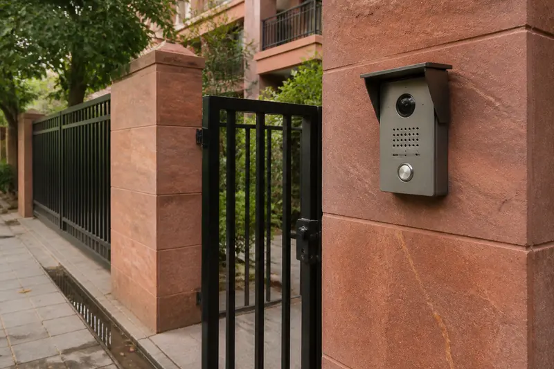 Rain-sheltered villa gate intercom beside the pedestrian latch.