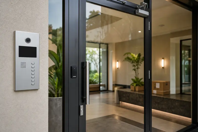 Multi-button apartment visitor intercom beside resident-controlled glass entry.
