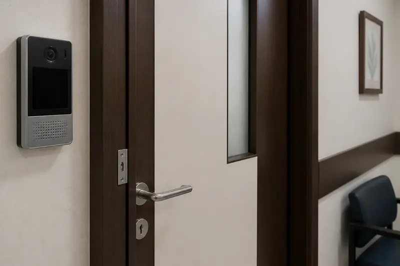 Clinic SIP door phone at a staff-only doorway.