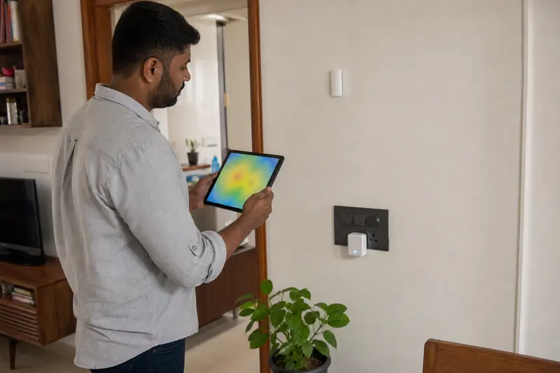 Technician surveys wireless mesh coverage in an occupied retrofit apartment.