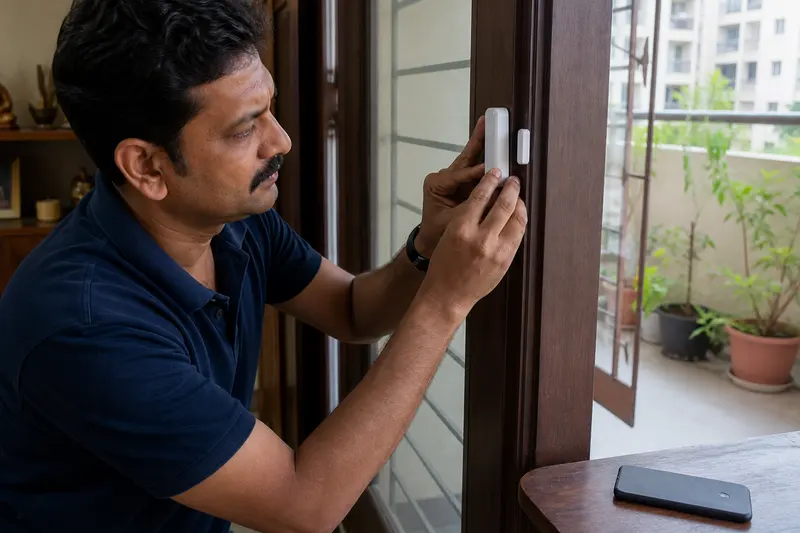 A wireless door contact and magnet are aligned on a retrofit balcony door.