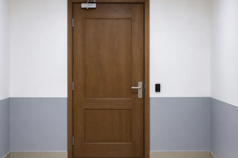 Controlled commercial doorway with reader and coordinated lock hardware.