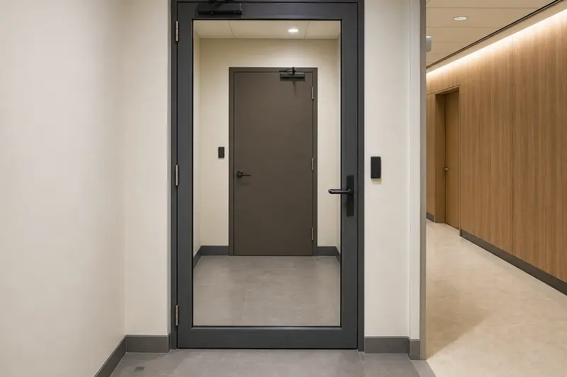 Glass access door with latch-side credential reader.
