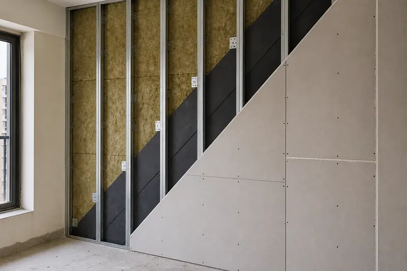 Clean cutaway of a multi-layer isolated soundproofing wall assembly.