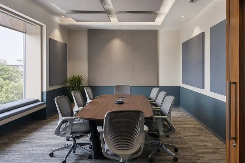 Conference room with ceiling clouds and wall absorbers at reflection points.