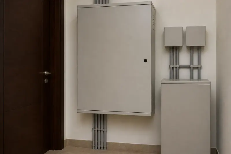 Secure local home-automation and UPS cabinets with separated utility cabling.